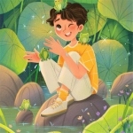 唯美插画头像：快乐男孩与池塘的浪漫相遇