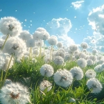 茂盛的蒲公英白色的种子飘散在蓝色天空中头像图片
