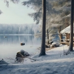 被白雪覆盖的湖边小屋风景头像图片