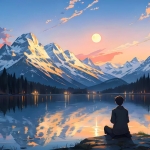 背影男生看日落看冰川湖泊风景头像图片